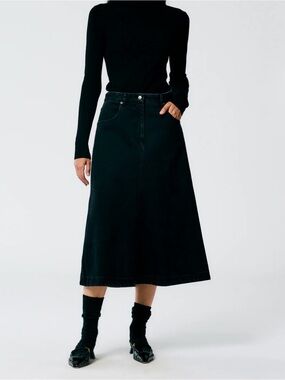 NWT Tibi Black Denim Midi A-Line Skirt